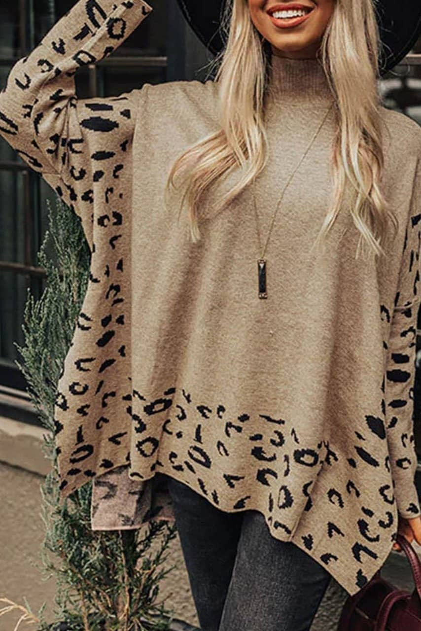 Khaki Leopard High Neck Side Slit Oversized Sweater
