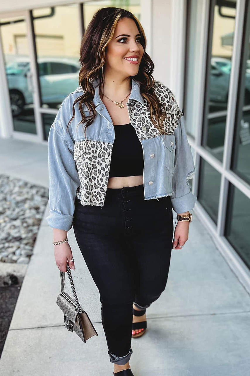 Sky Blue Plus Size Leopard Ripped Cropped Denim Jacket