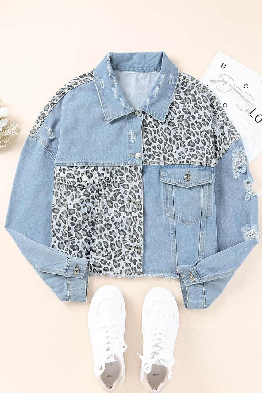 Sky Blue Plus Size Leopard Ripped Cropped Denim Jacket