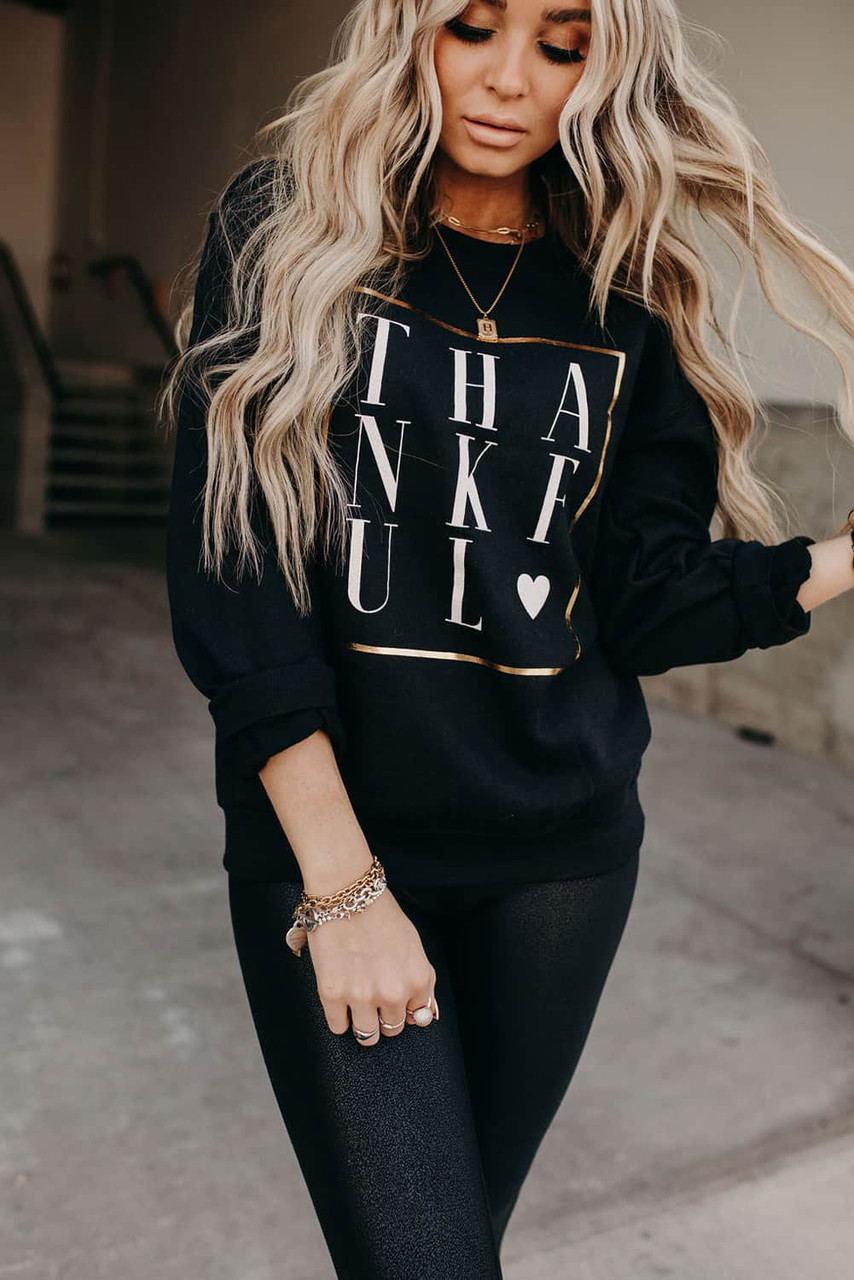 Black THANKFUL Heart Print Long Sleeve Sweatshirt