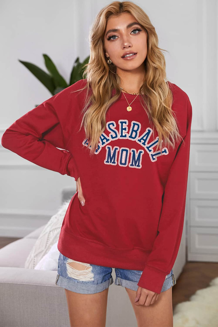 Red Baseball Mom French Terry Cotton Blend Sweatshirt