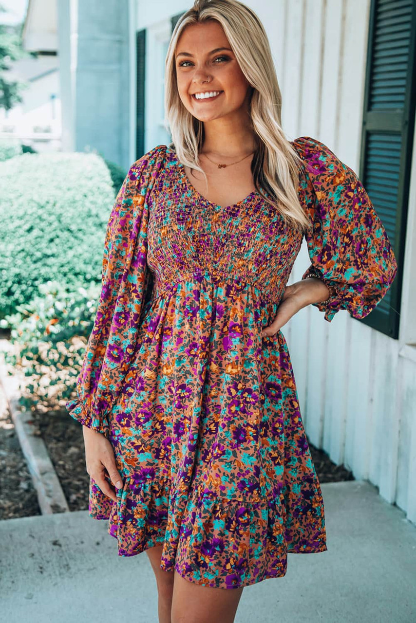 Purple Smocked V Neck Puffy Sleeve Floral Dress Purple Smocked V Neck Puffy Sleeve Floral Dress