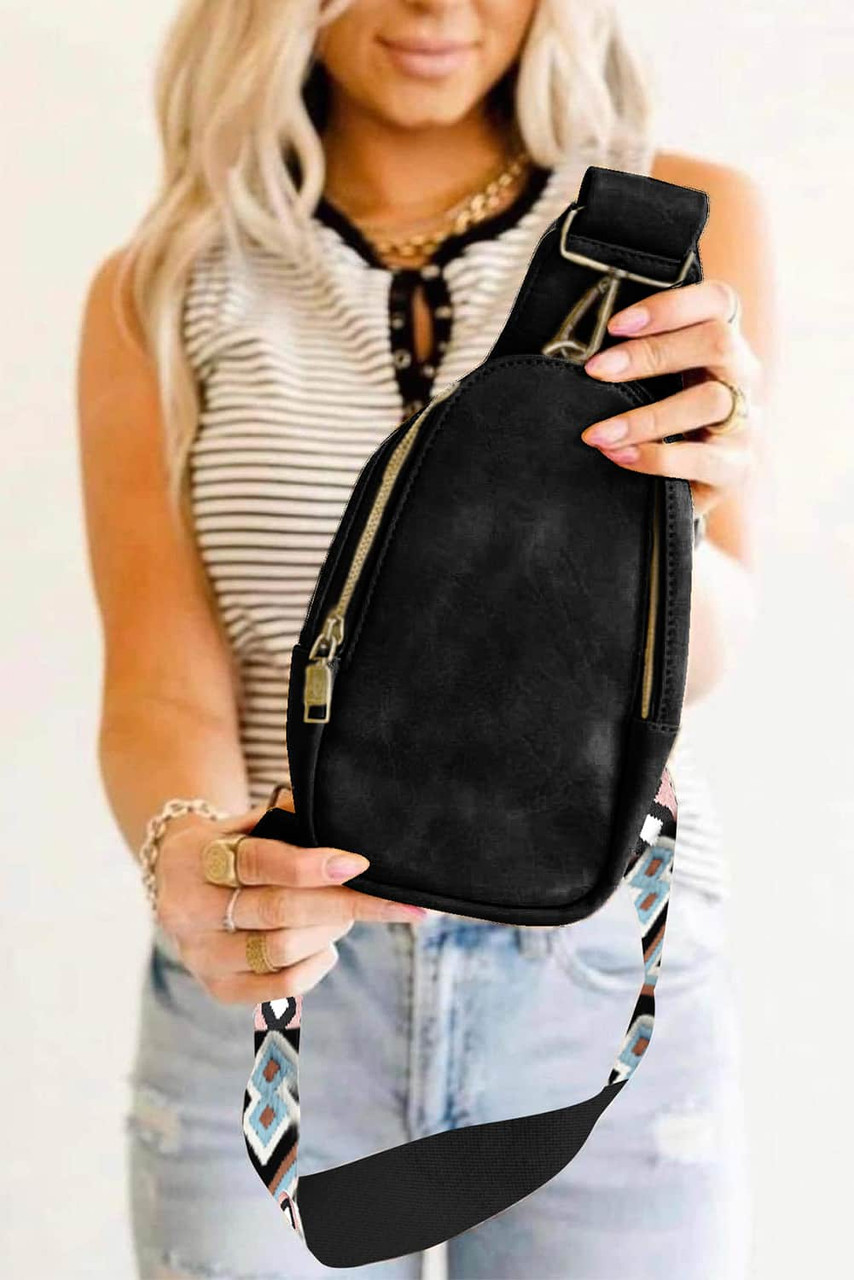Black Faux Leather Zipped Crossbody Chest Bag