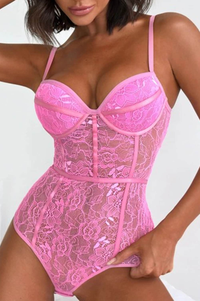 Pink Spaghetti Straps Floral Lace Crochet Teddy Lingerie