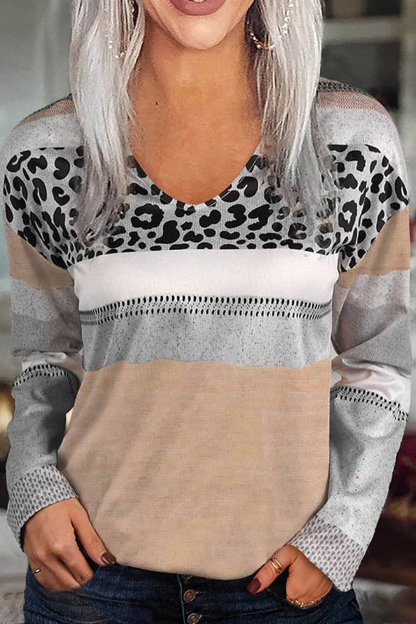 Apricot Leopard Color Block V Neck Top