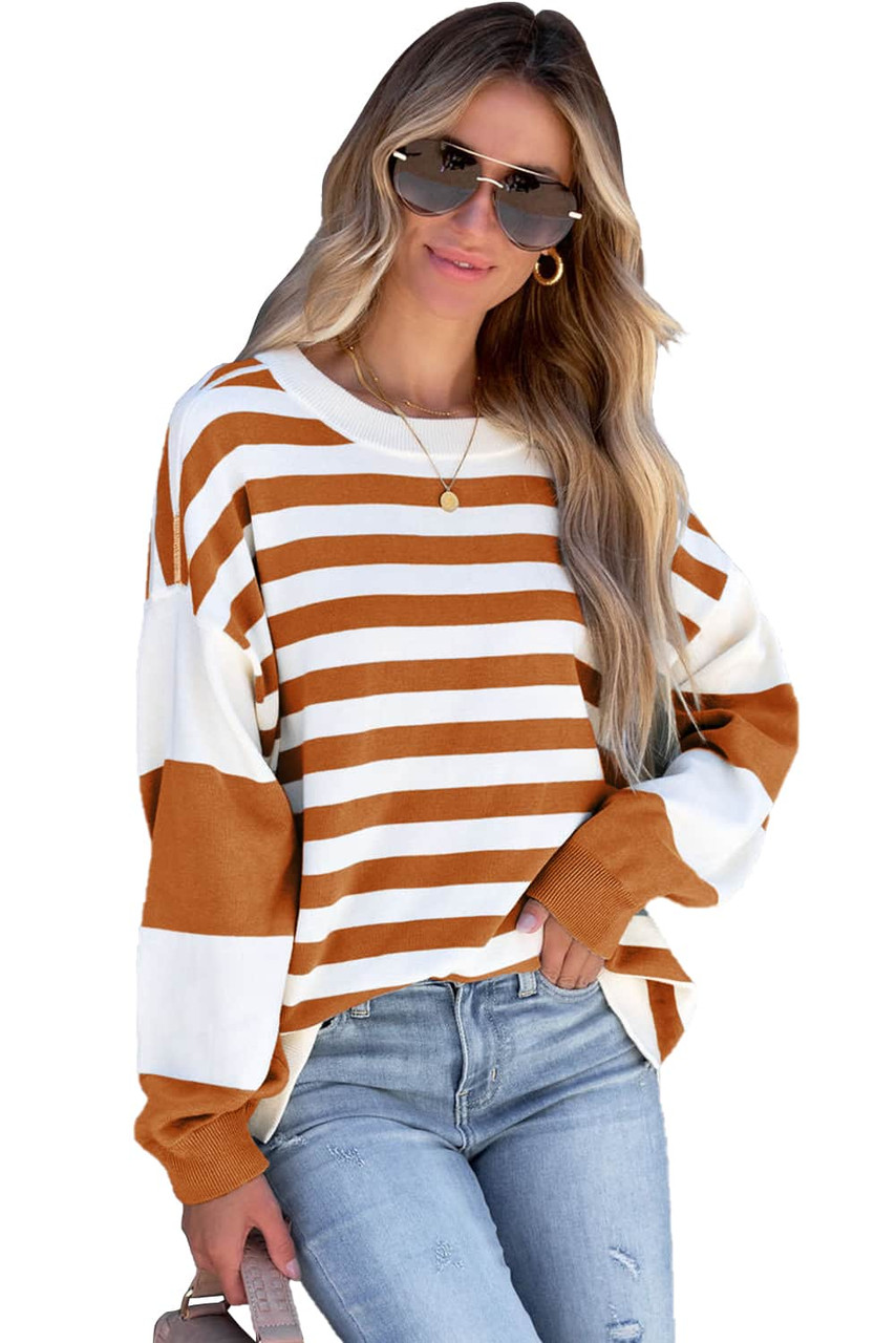 Brown Stripe Drop Shoulder Striped Pullover Sweatshirt