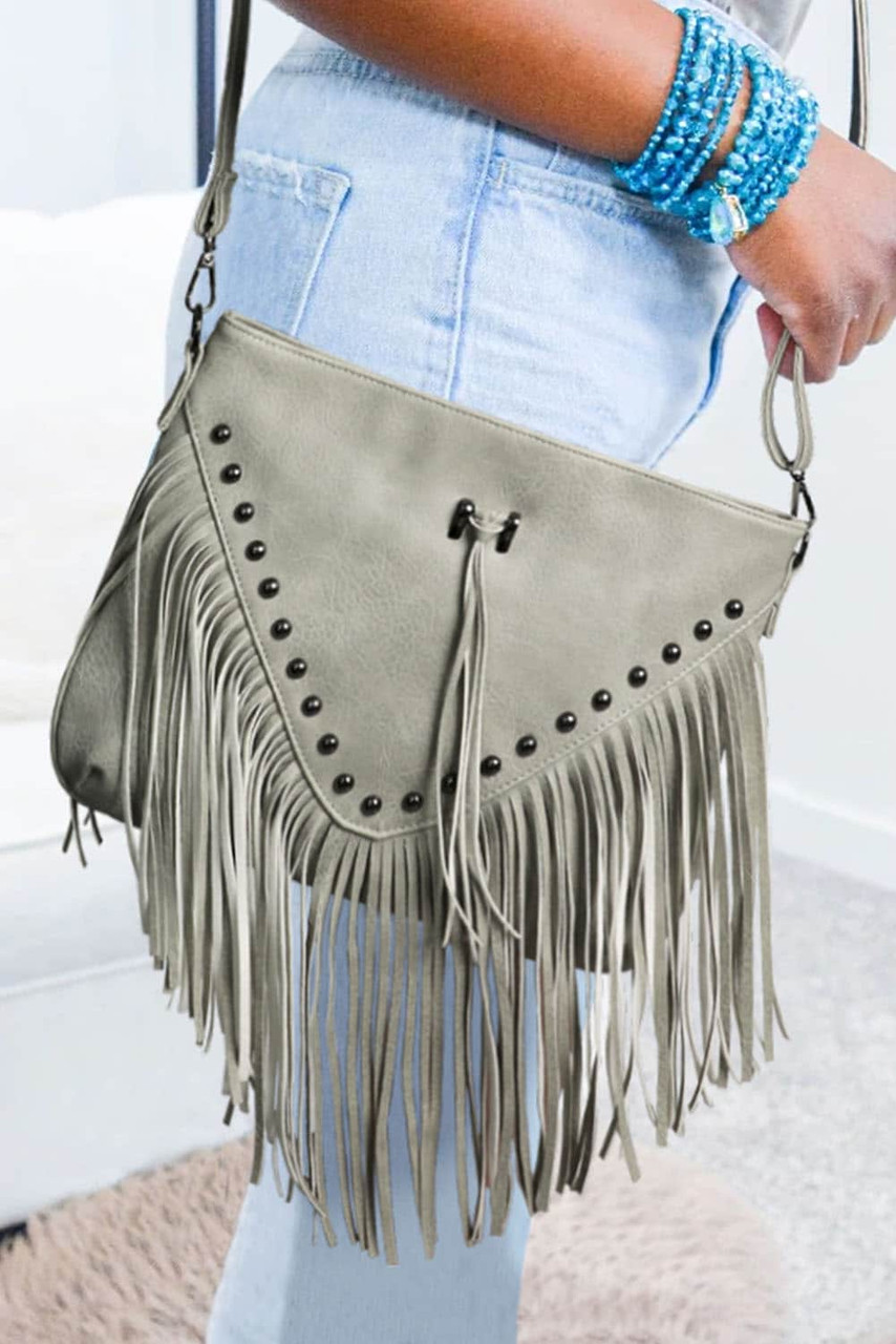 Gray Rivet Fringe Tassel Leatherette Crossbody Bag
