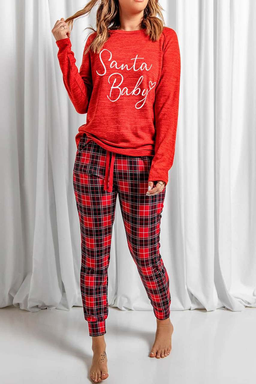 Red Santa Baby Plaid Print Two Piece Pajama Set