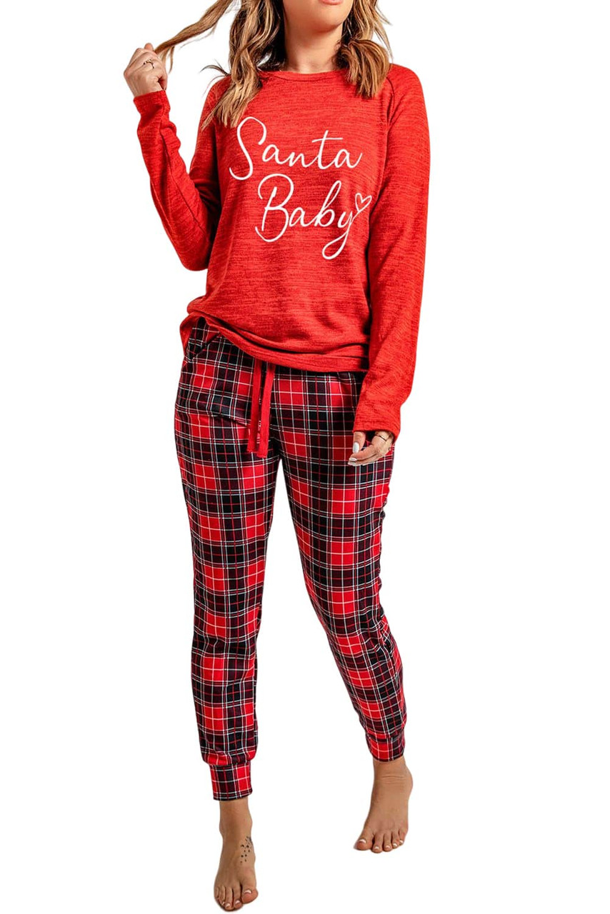 Red Santa Baby Plaid Print Two Piece Pajama Set