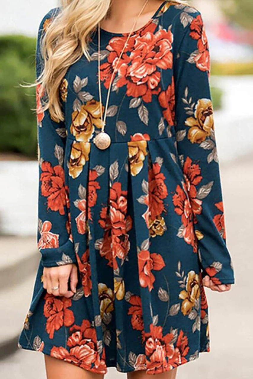 Blue Floral Pleated Long Sleeves Dress