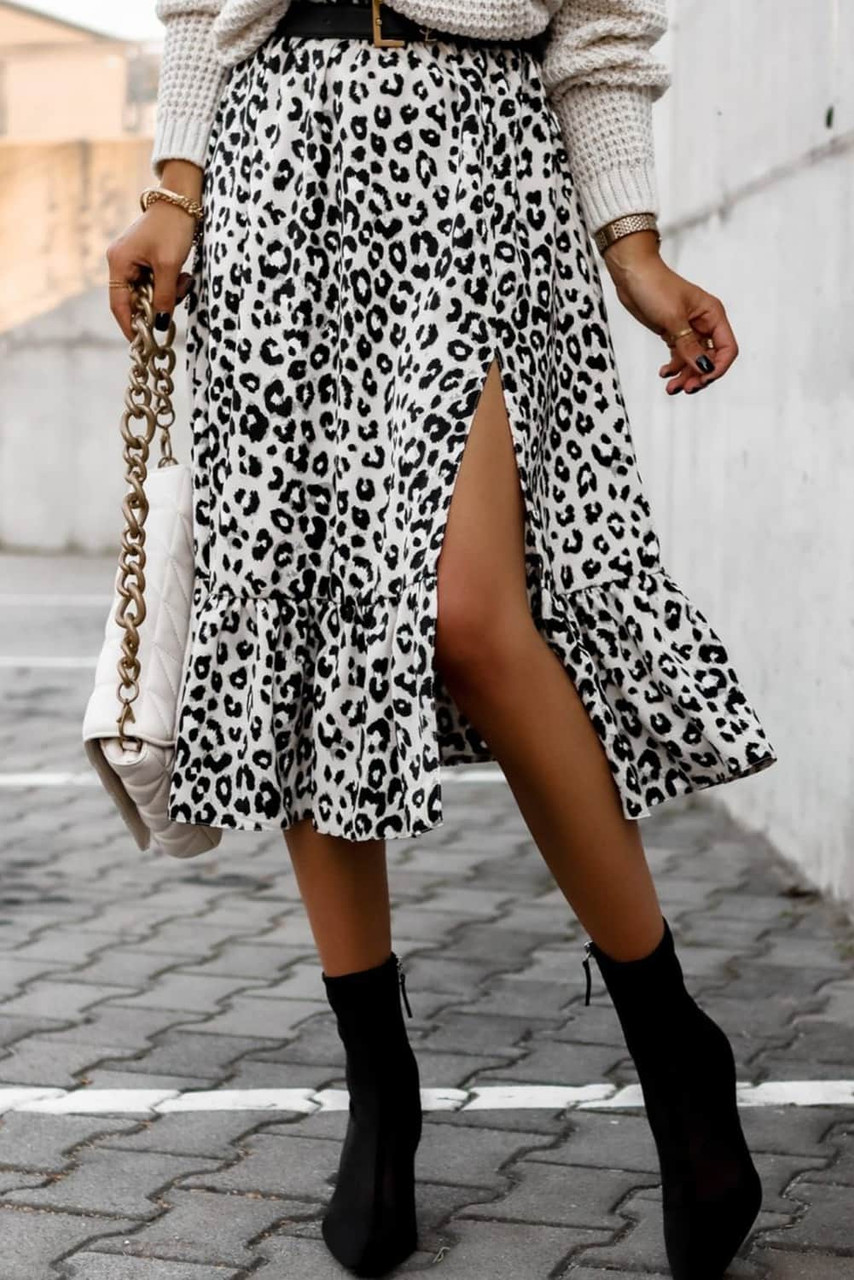 Leopard Print Ruffle Hem Slit Midi Skirt