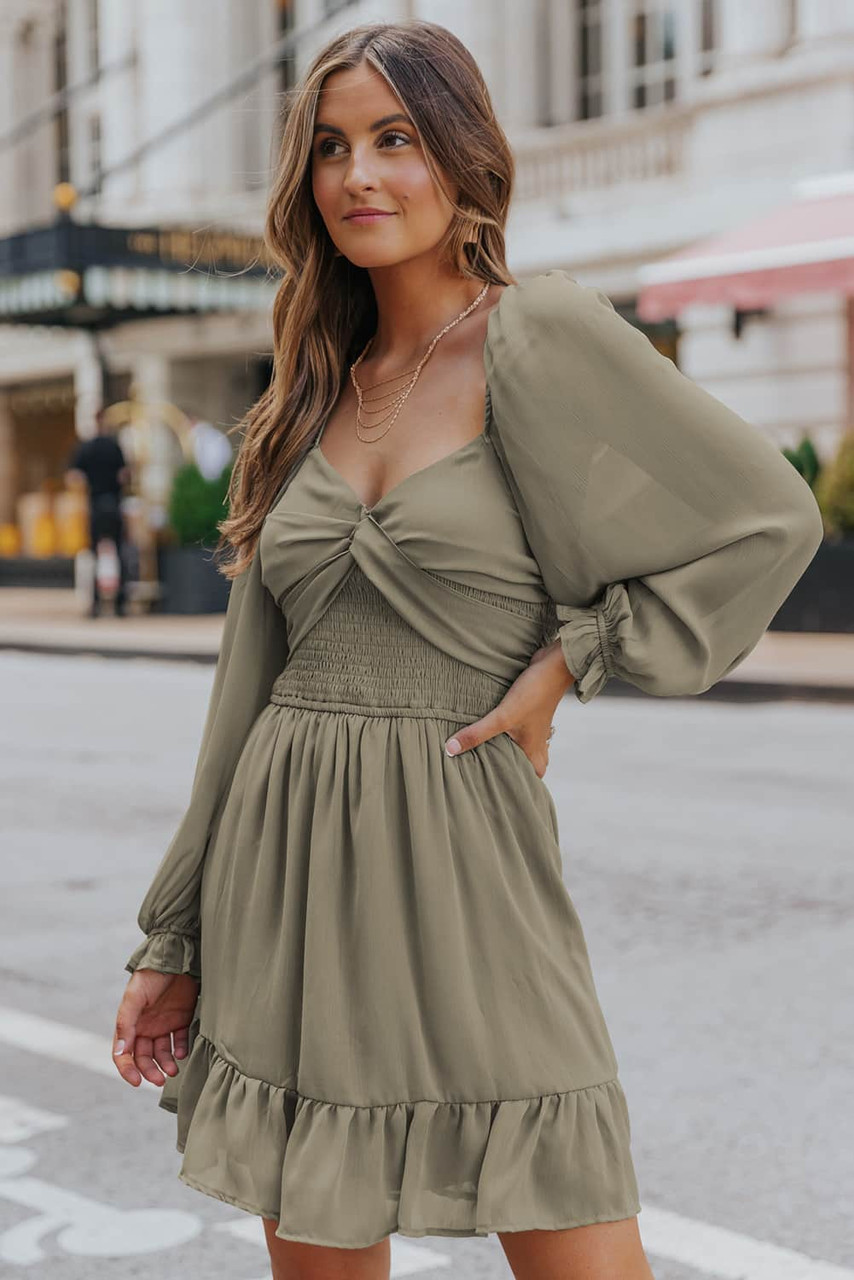 Green Long Sleeves Smocked A-line Dress