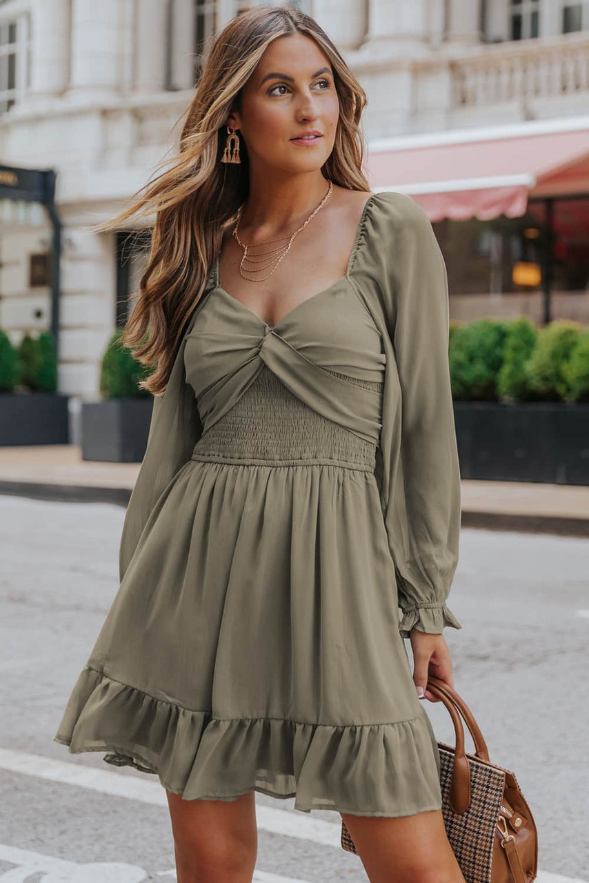 Green Long Sleeves Smocked A-line Dress