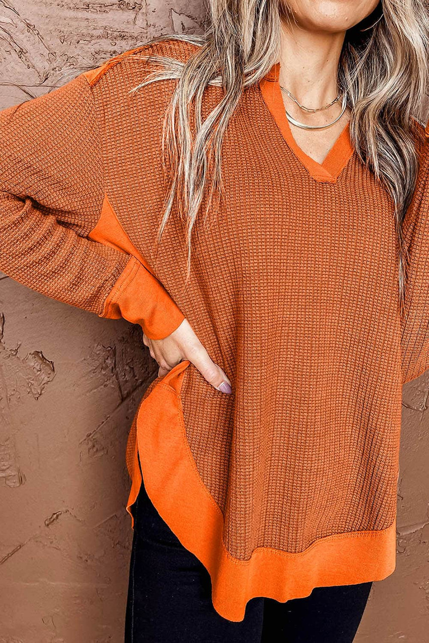 Orange Waffle Knit Patchwork V Neck Long Sleeve Top Orange Waffle Knit Patchwork V Neck Long Sleeve Top