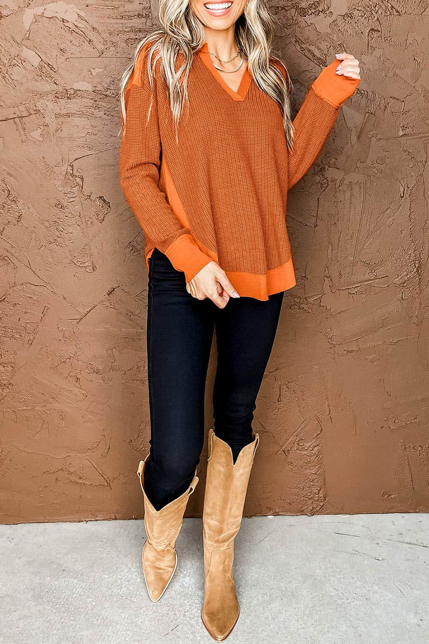 Orange Waffle Knit Patchwork V Neck Long Sleeve Top Orange Waffle Knit Patchwork V Neck Long Sleeve Top