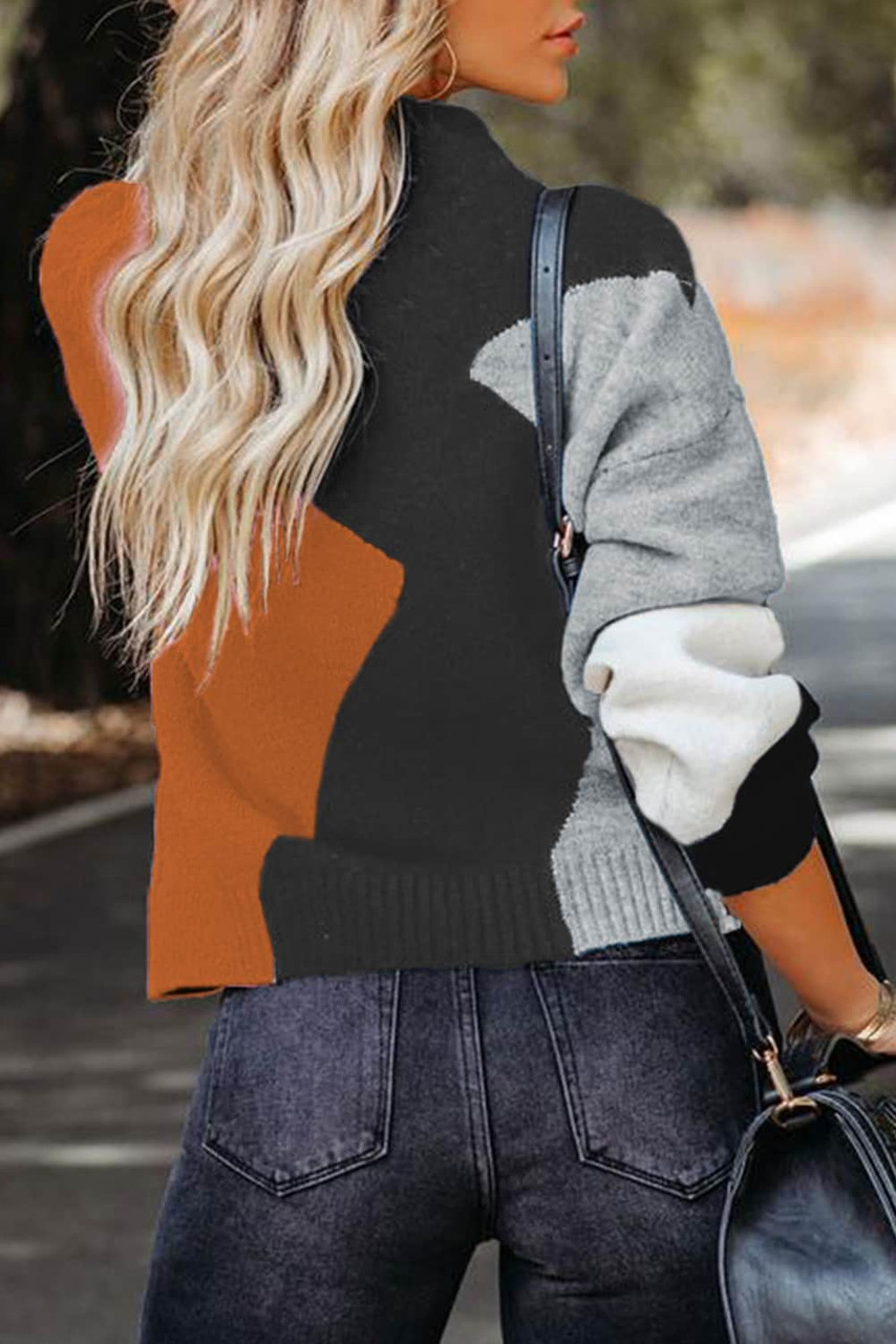 Orange Color Block Mock Neck Drop Shoulder Knit Sweater