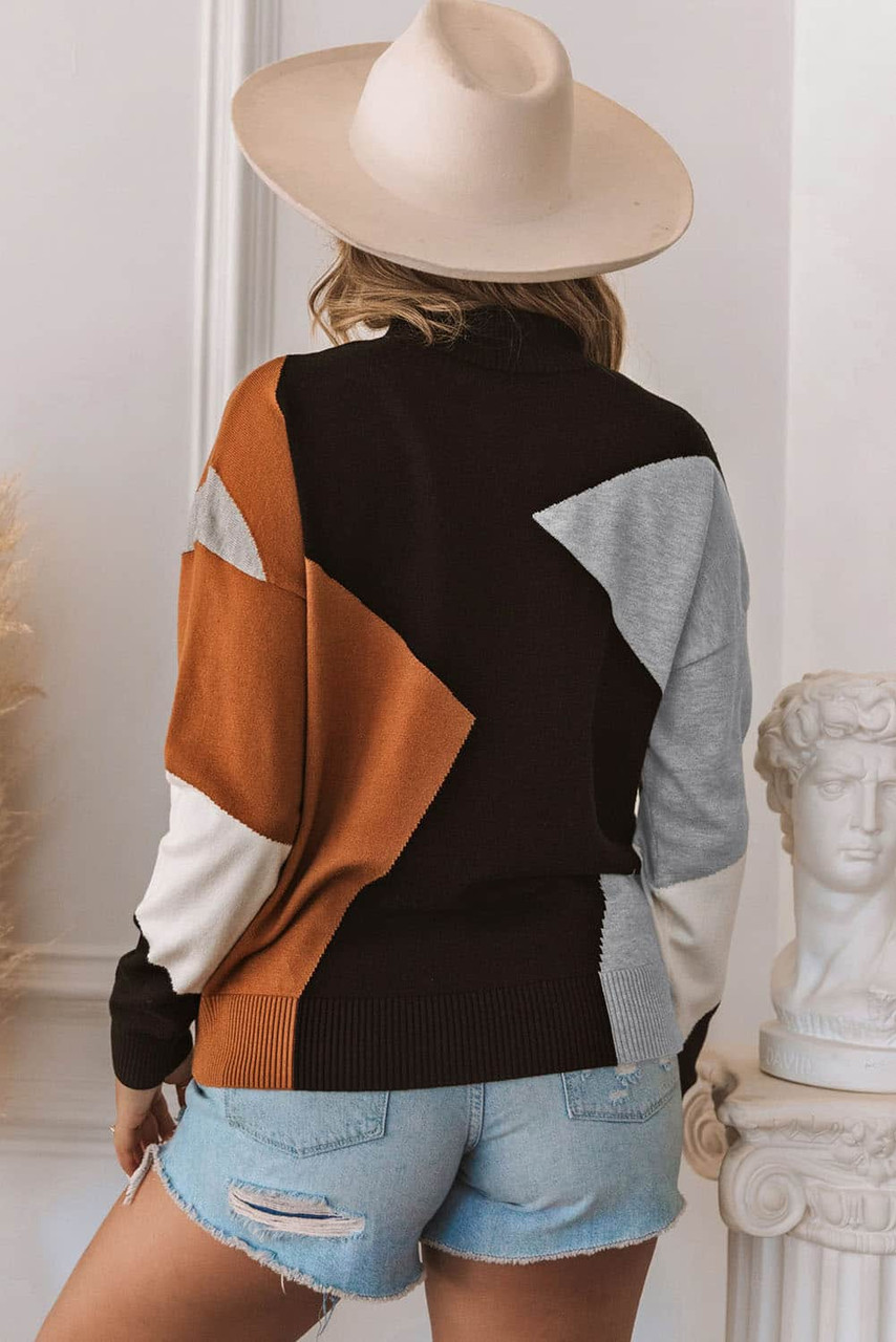 Orange Color Block Mock Neck Drop Shoulder Knit Sweater