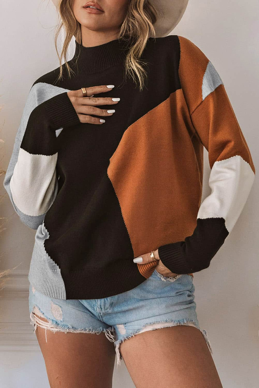 Orange Color Block Mock Neck Drop Shoulder Knit Sweater