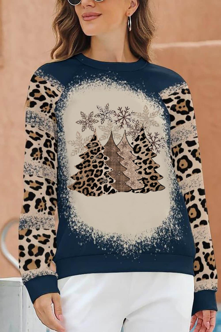 Black Christmas Tree Leopard Color Block Pullover Sweatshirt