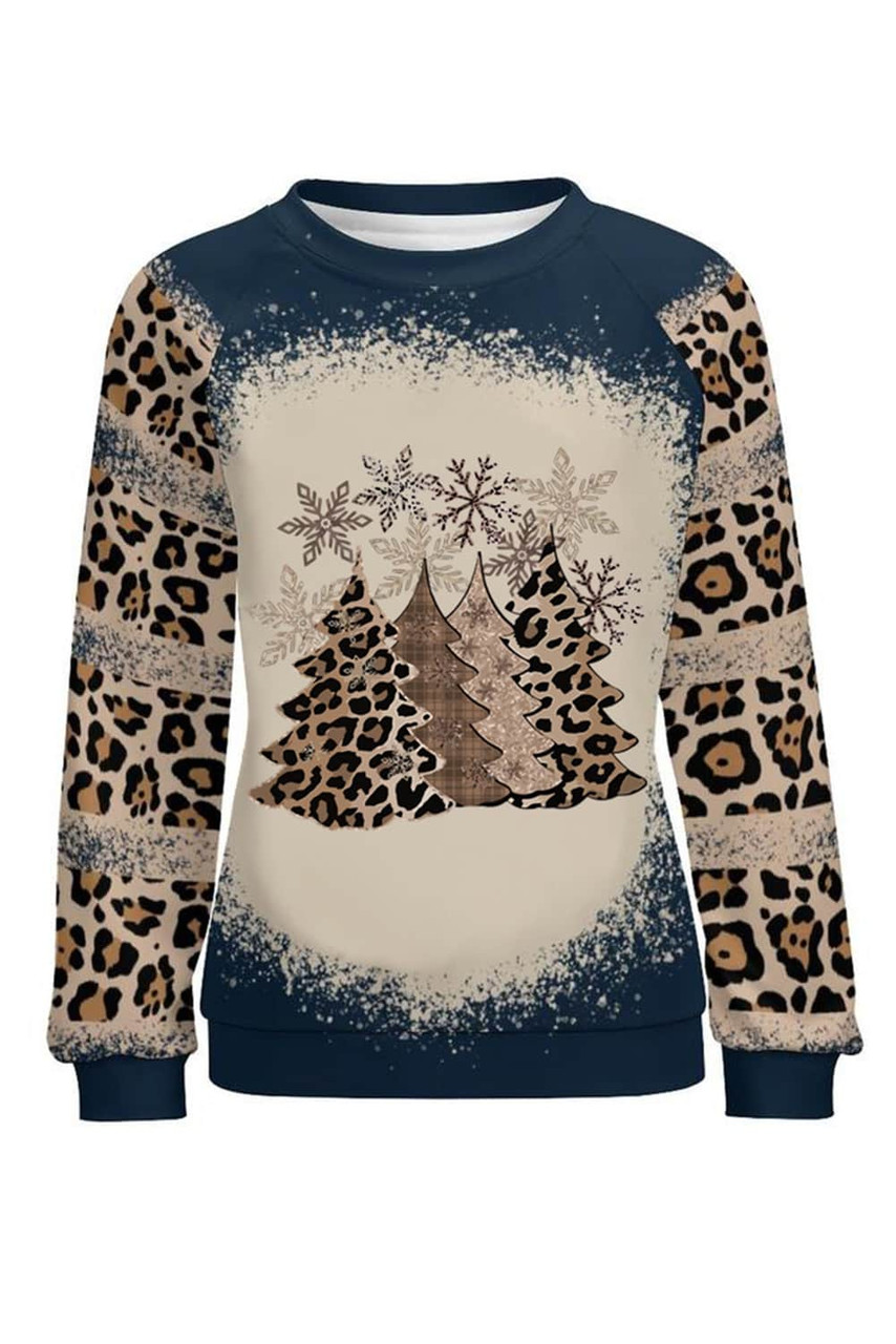 Black Christmas Tree Leopard Color Block Pullover Sweatshirt