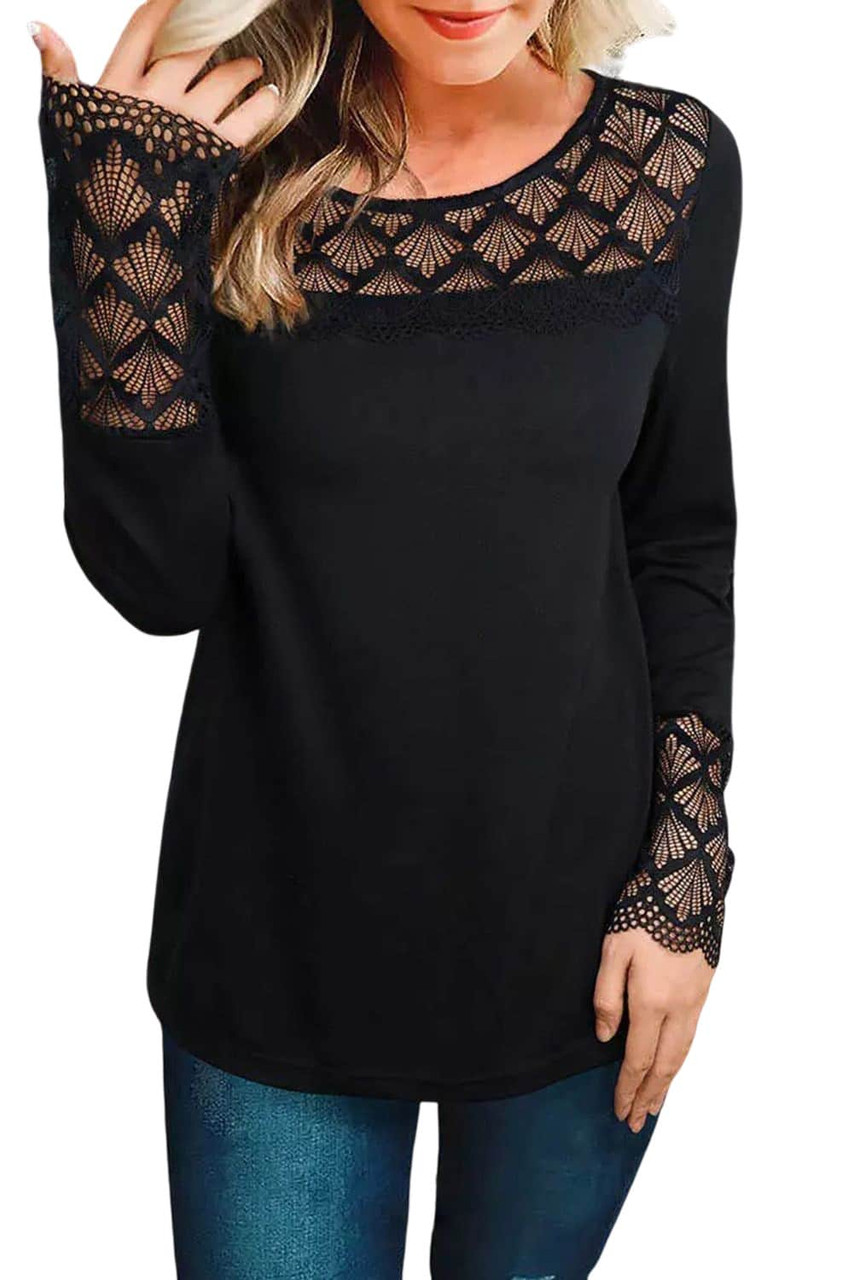 Black Lace Crochet Splicing O-neck Long Sleeve Top
