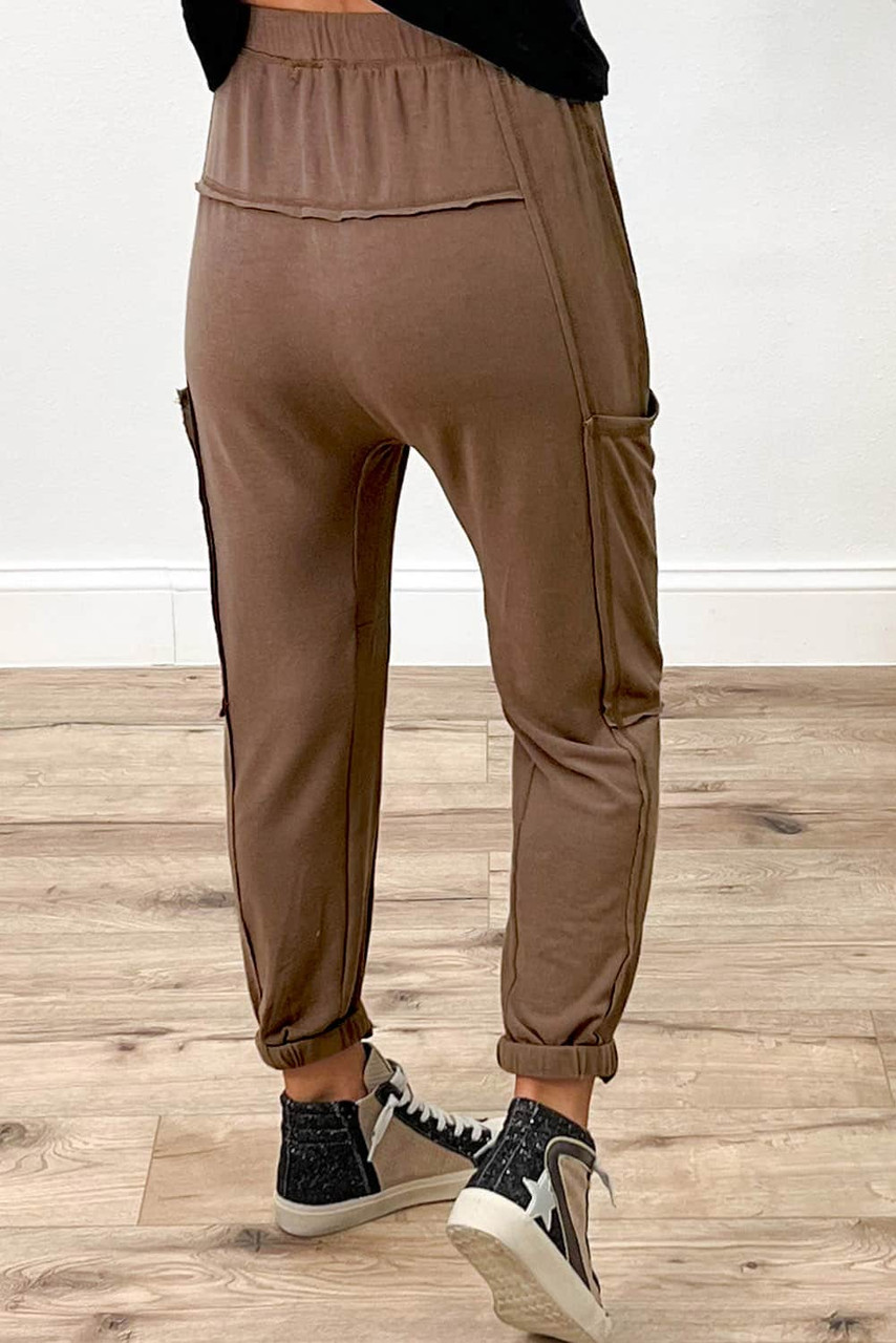 Brown Multi-pockets Drawstring High Waist Joggers