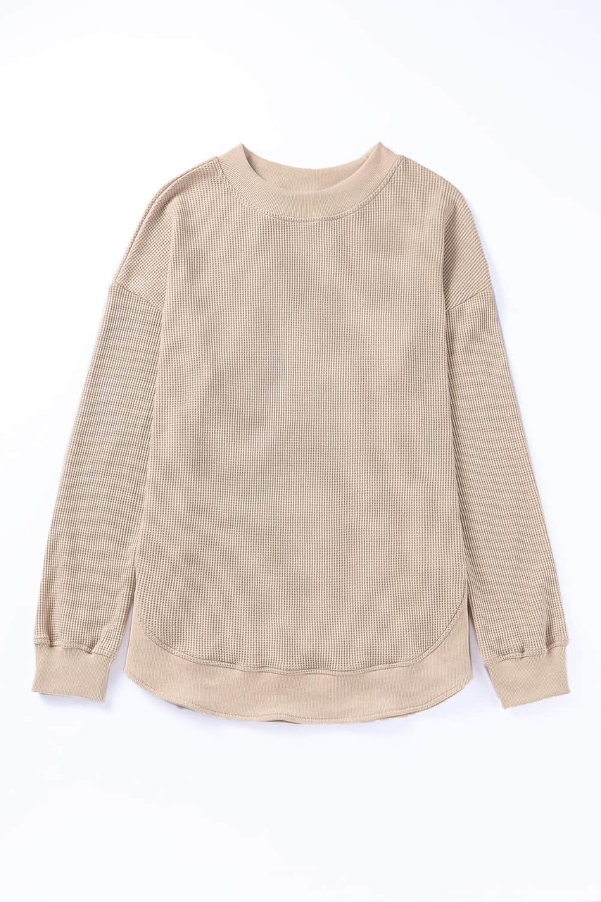 Apricot Crew Neck Ribbed Trim Waffle Knit Top