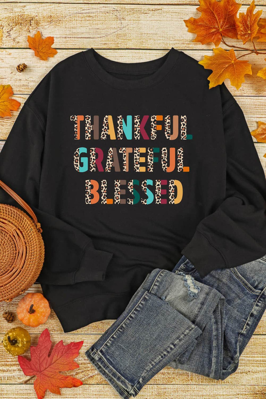 Black THANKFUL GRATEFUL BLESSED Pattern Sweatshirt