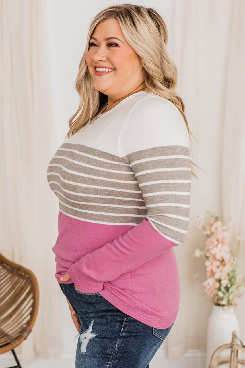 Pink Plus Size Striped Patchwork Knit Sweater