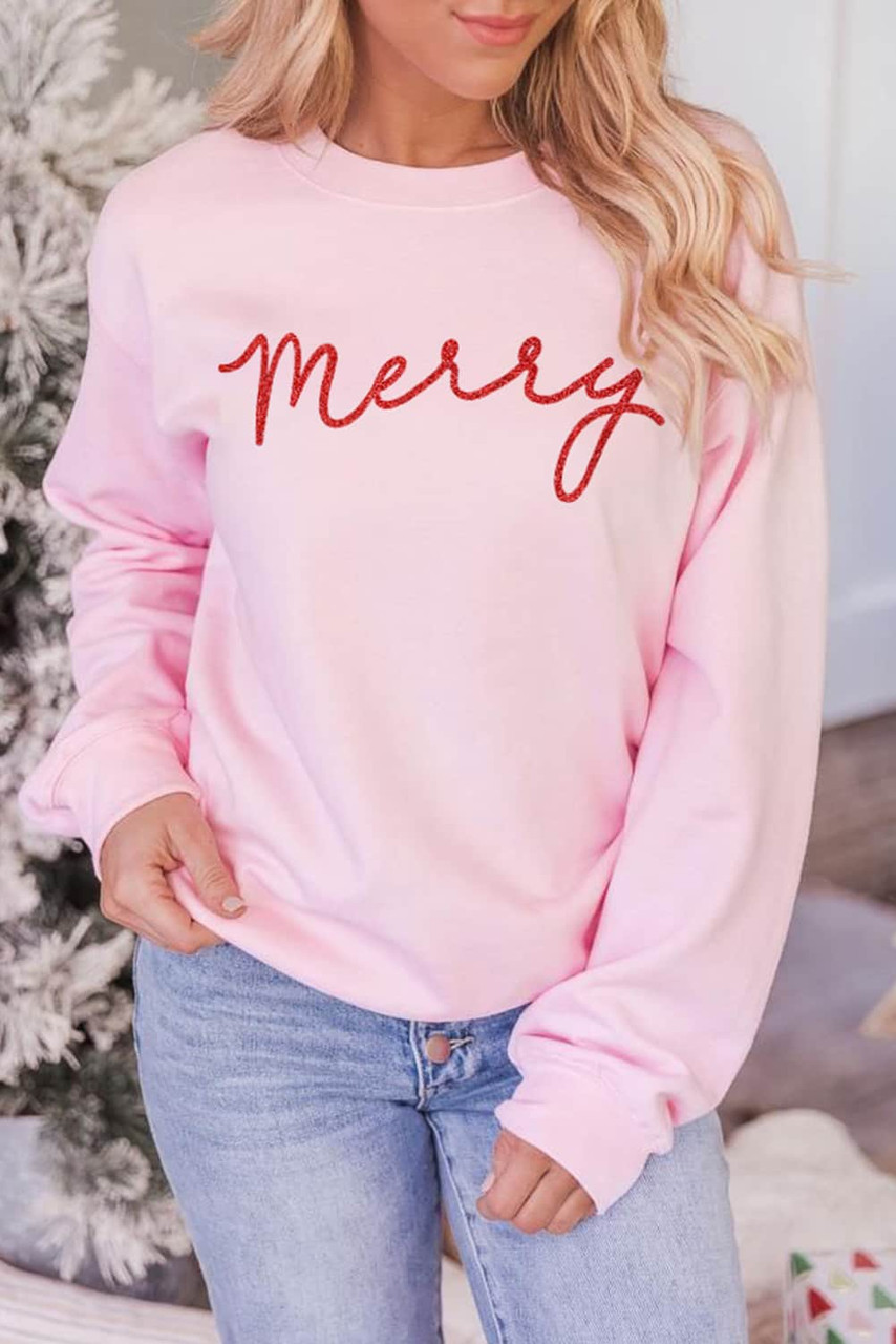 Pink Merry Letter Print Long Sleeve Pullover Sweatshirt