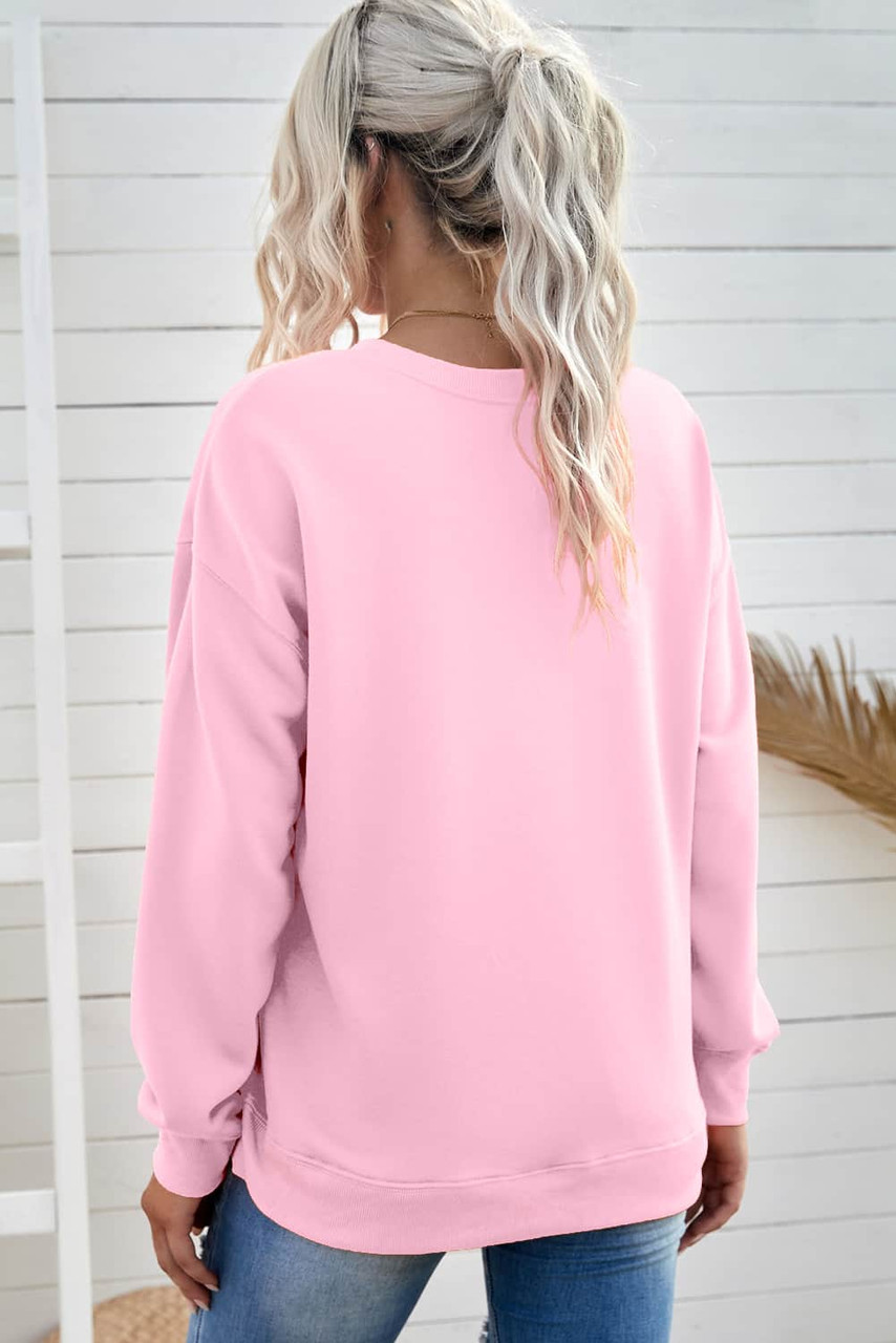 Pink Merry Letter Print Long Sleeve Pullover Sweatshirt