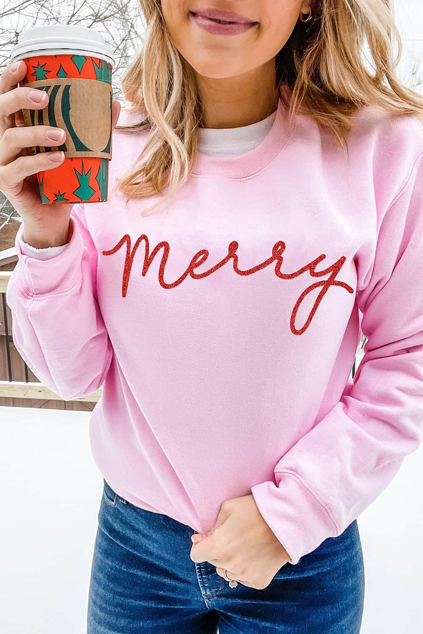 Pink Merry Letter Print Long Sleeve Pullover Sweatshirt