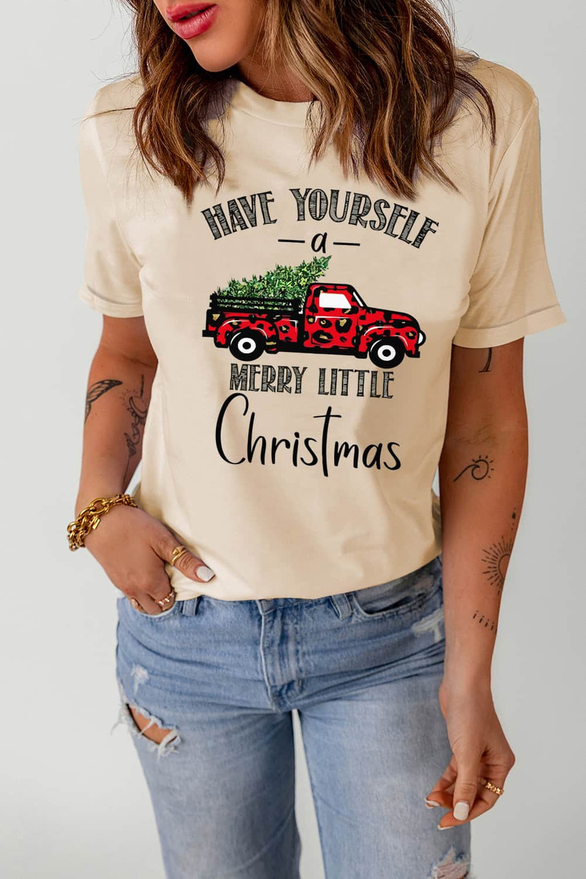 Khaki Christmas Tree Leopard Truck Print Graphic T Shirt