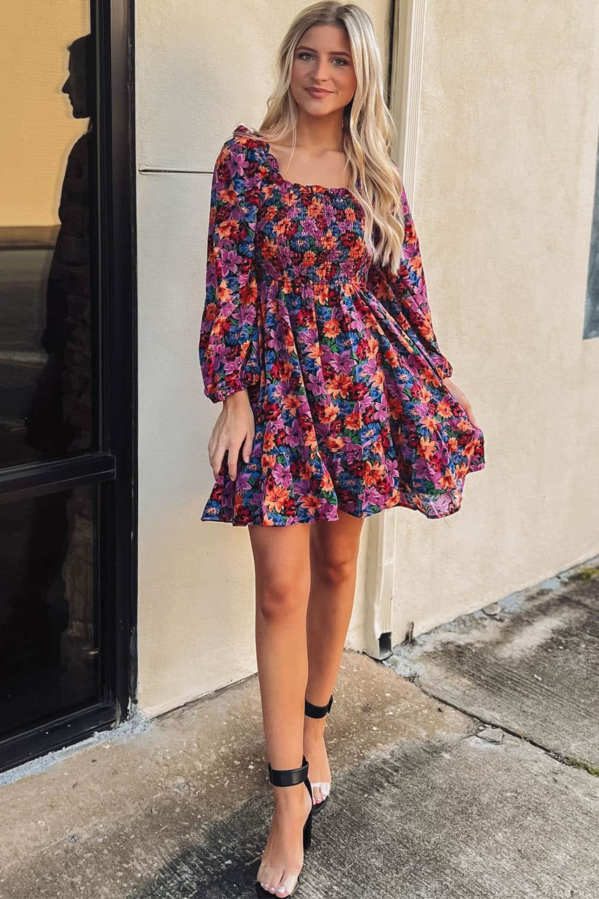 Purple Floral Puff Sleeve Smocked Dress