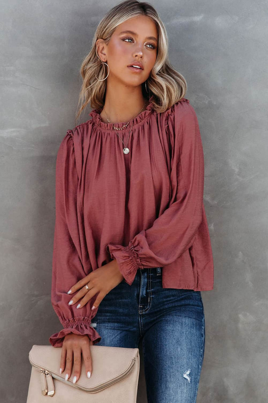 Red Frilled Neck Ruffled Long Sleeve Blouse