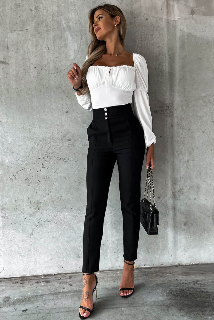 White Square Neck Drawstring Pleated High Waist Bodysuit