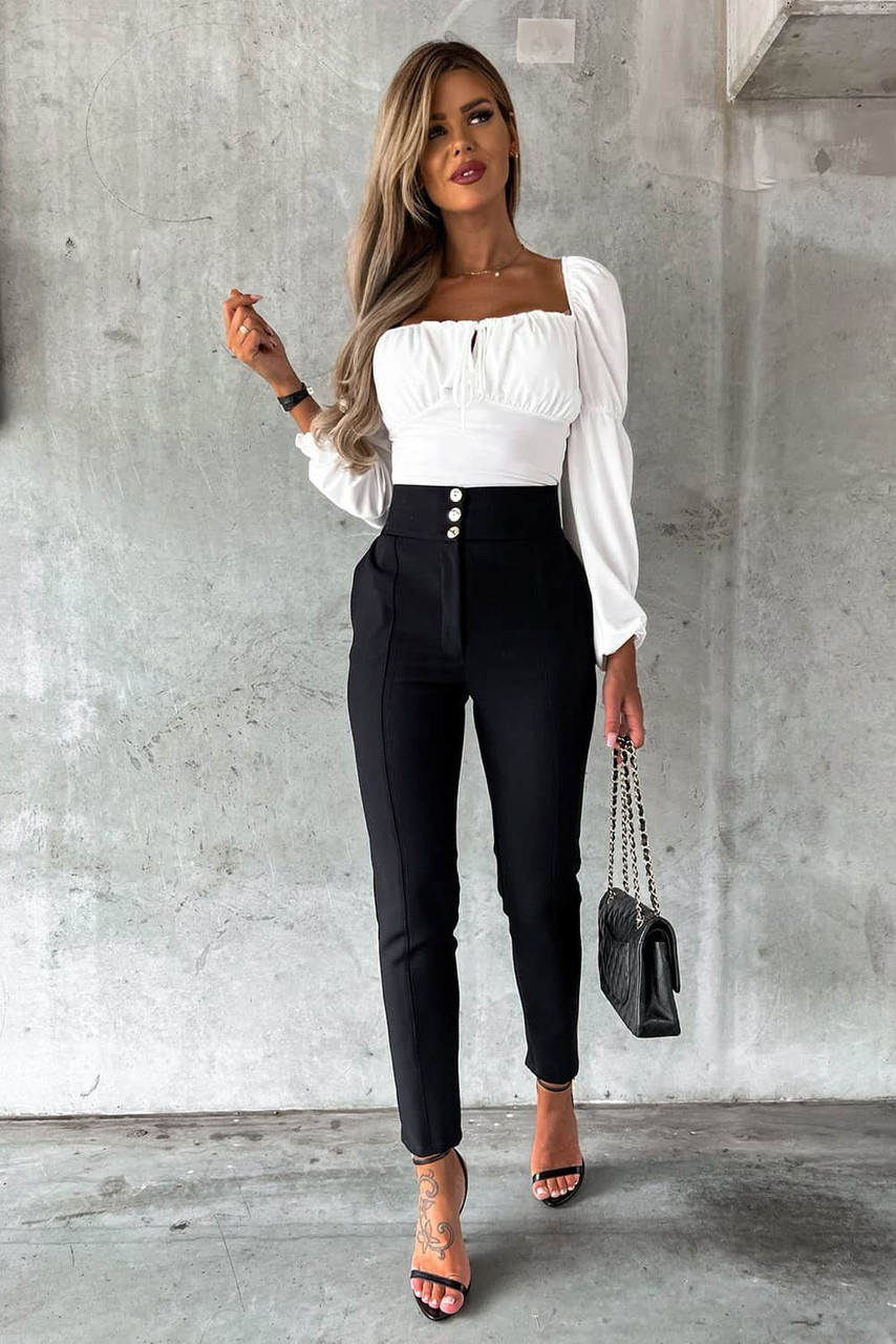 White Square Neck Drawstring Pleated High Waist Bodysuit