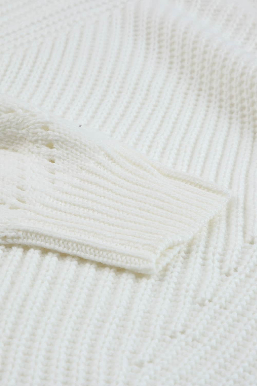White Hollow-out Puffy Sleeve Knit Sweater