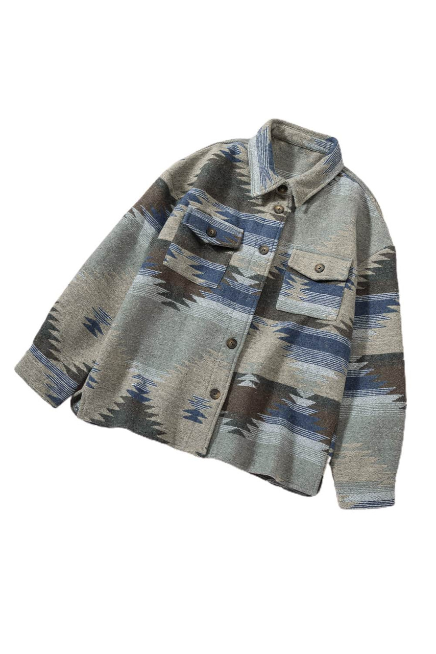 Blue Distressed Aztec Print Lapel Long Sleeve Button Shirt Jacket