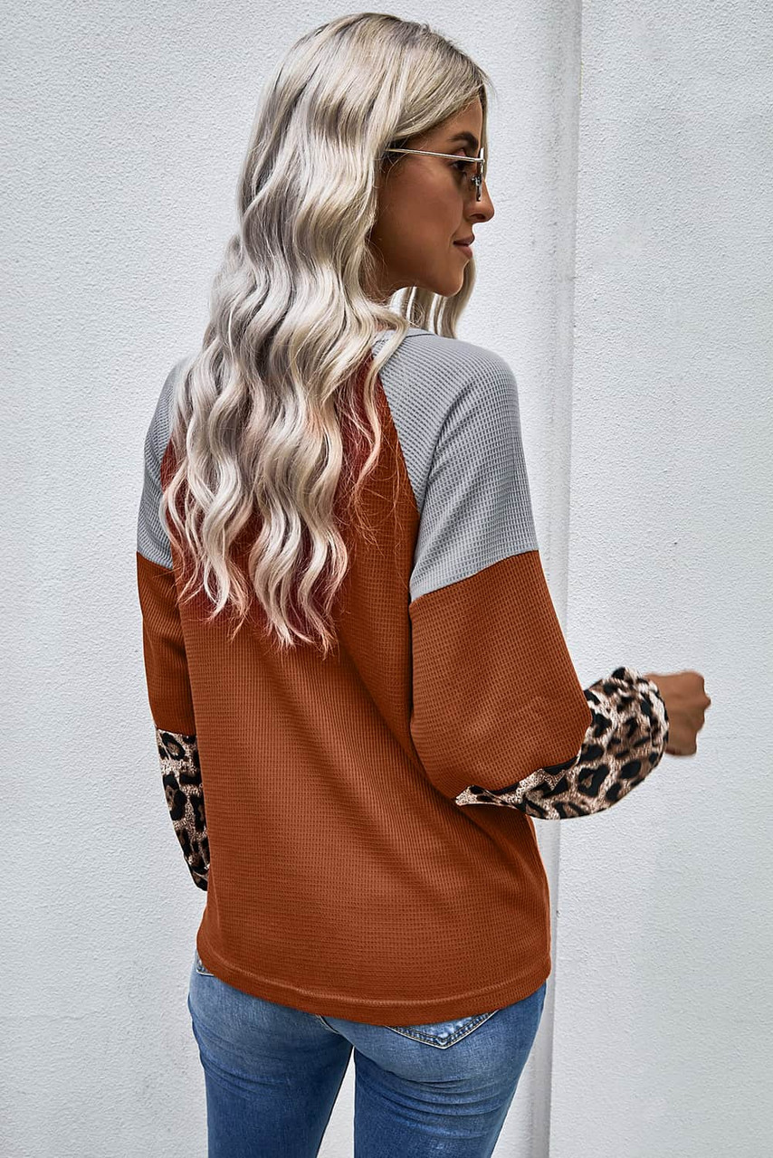 Leopard Long Sleeve Waffle Knit Orange Blouse with Twist Knot