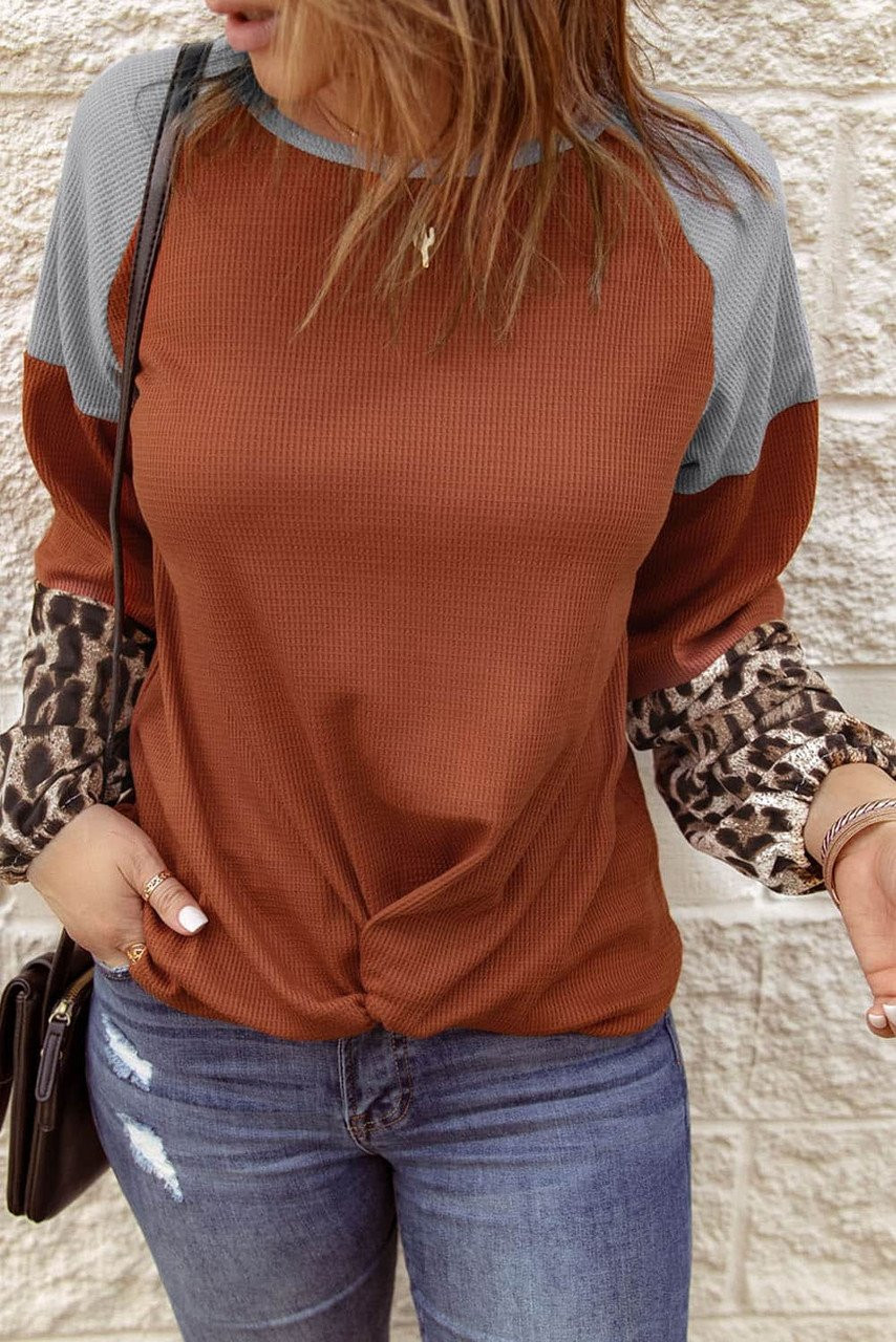 Leopard Long Sleeve Waffle Knit Orange Blouse with Twist Knot
