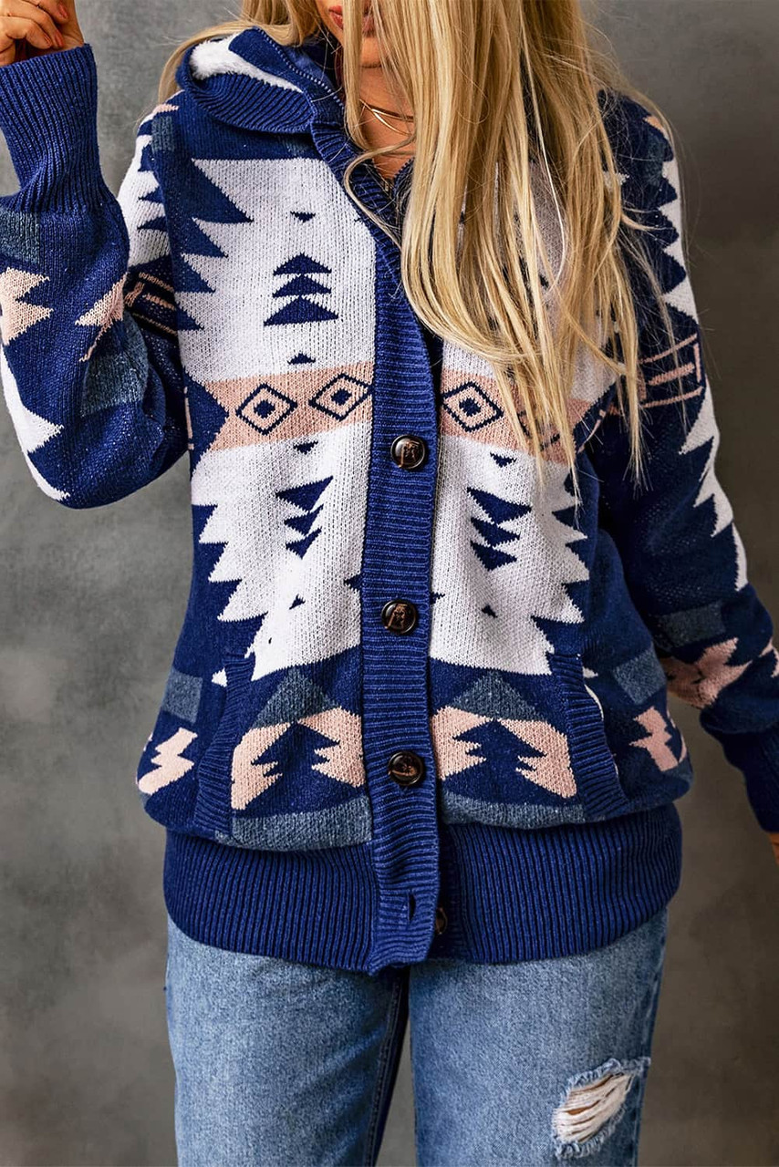 Blue Retro Jacquard Pattern Buttoned Front Hooded Sweater