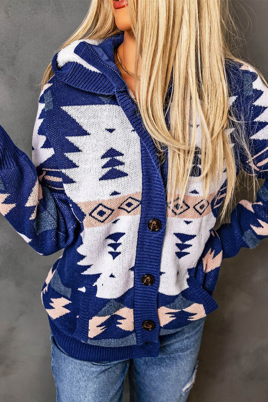 Blue Retro Jacquard Pattern Buttoned Front Hooded Sweater Blue Retro Jacquard Pattern Buttoned Front Hooded Sweater