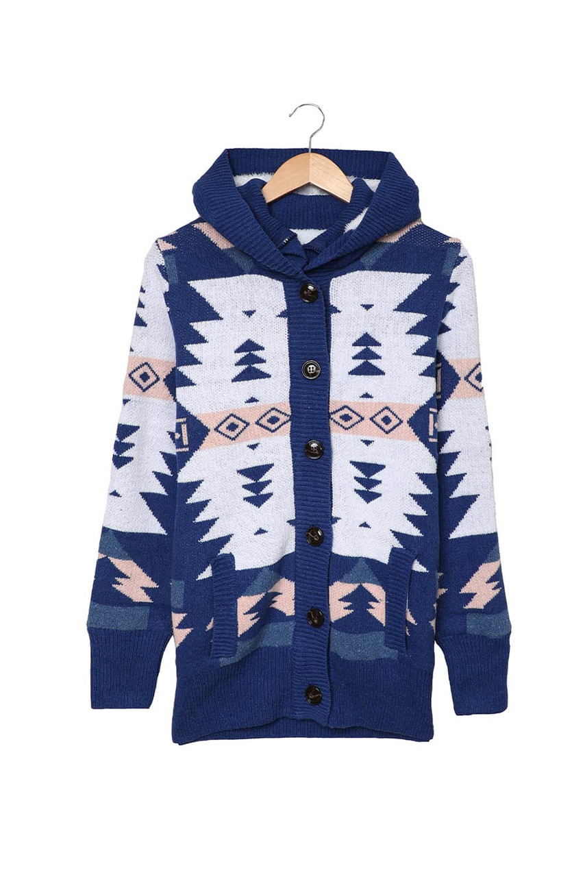 Blue Retro Jacquard Pattern Buttoned Front Hooded Sweater Blue Retro Jacquard Pattern Buttoned Front Hooded Sweater