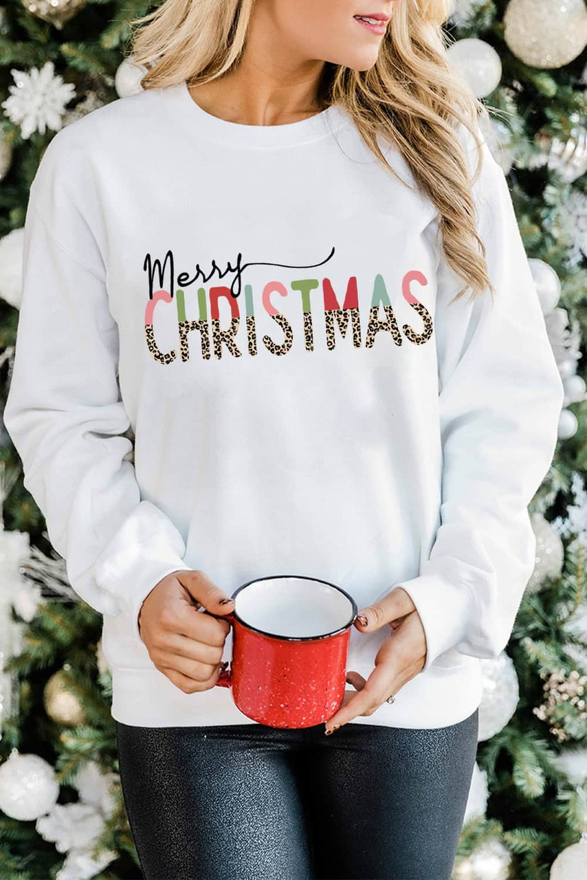 White Merry Christmas Leopard Print Long Sleeve Sweatshirt White Merry Christmas Leopard Print Long Sleeve Sweatshirt