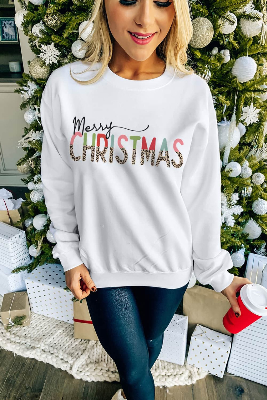 White Merry Christmas Leopard Print Long Sleeve Sweatshirt White Merry Christmas Leopard Print Long Sleeve Sweatshirt