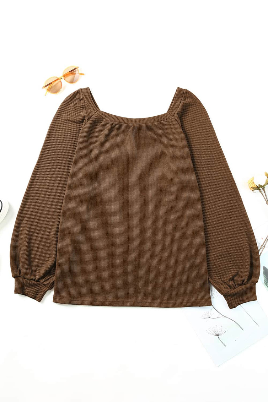 Brown Scoop Neck Puff Sleeve Waffle Knit Top