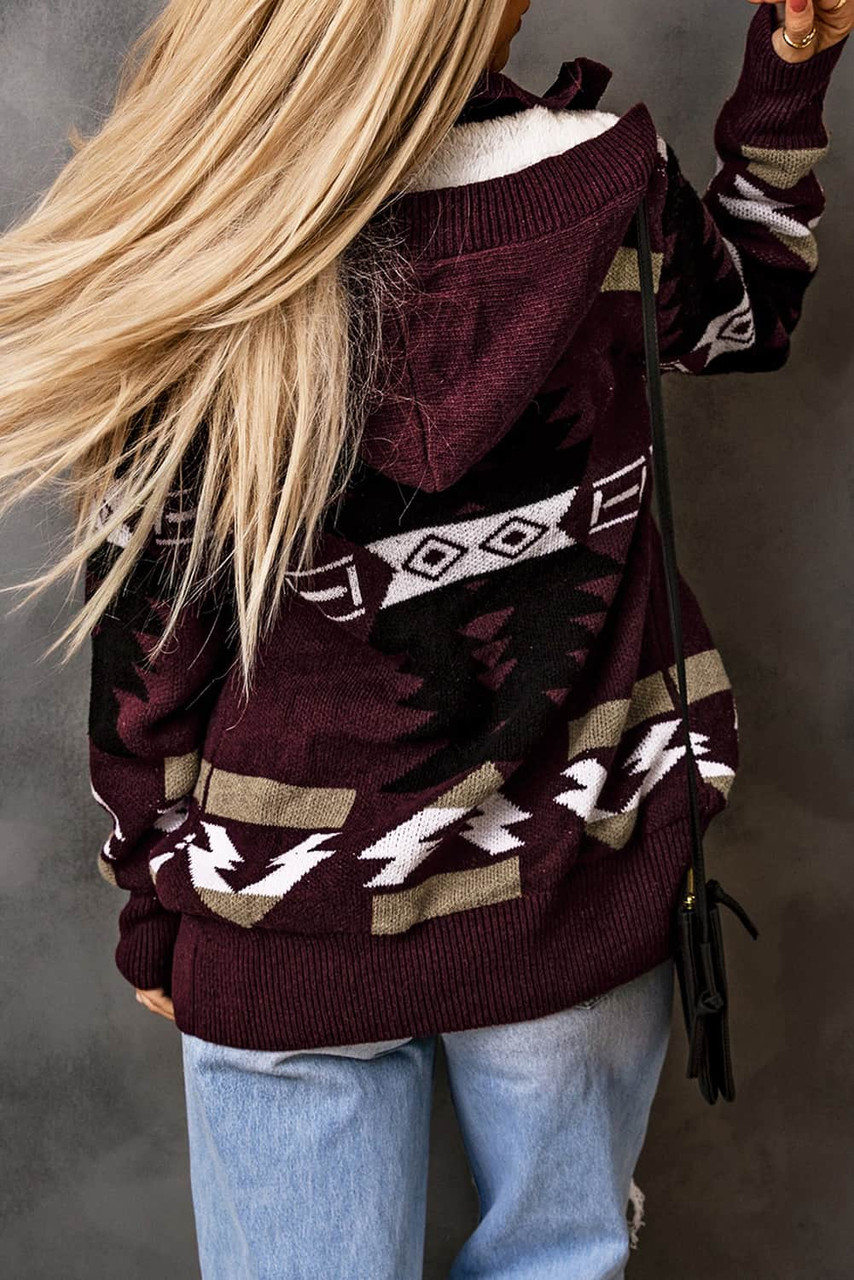 Wine Retro Jacquard Pattern Buttoned Front Hooded Sweater