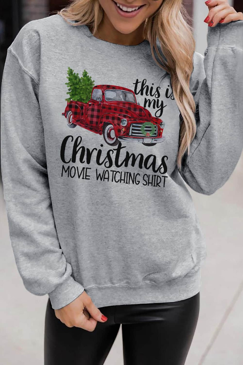 Gray Christmas Letter Plaid Car Graphic Print Pullover Sweatshirt