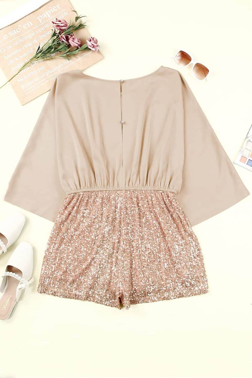 Khaki Sequin Patchwork Drawstring High Waist Romper Khaki Sequin Patchwork Drawstring High Waist Romper